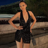 Sequined Halter Neck Slit Mini Dress